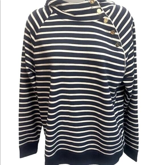 Ralph Lauren Navy & White Striped Nautical Hoodie Gold Button Sailor Pullover XS - Picture 1 of 8